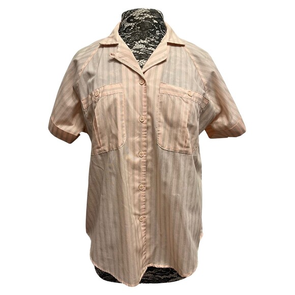 No Way Button Up Camp Shirt Coral Peach Pocket Cuffed Short‎ Sleeves Striped L - Picture 1 of 16